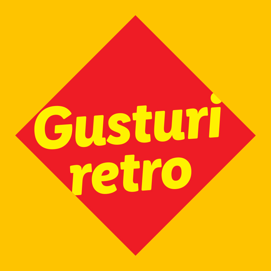 Logo cu textul 'Gusturi retro' pe un fundal roșu în formă de romb, pe un fundal galben.