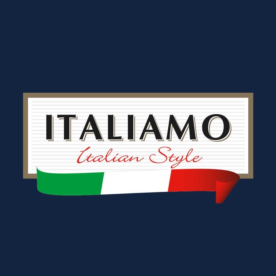 Logo cu textul „ITALIAMO Italian Style” și o panglică în culorile drapelului italian.