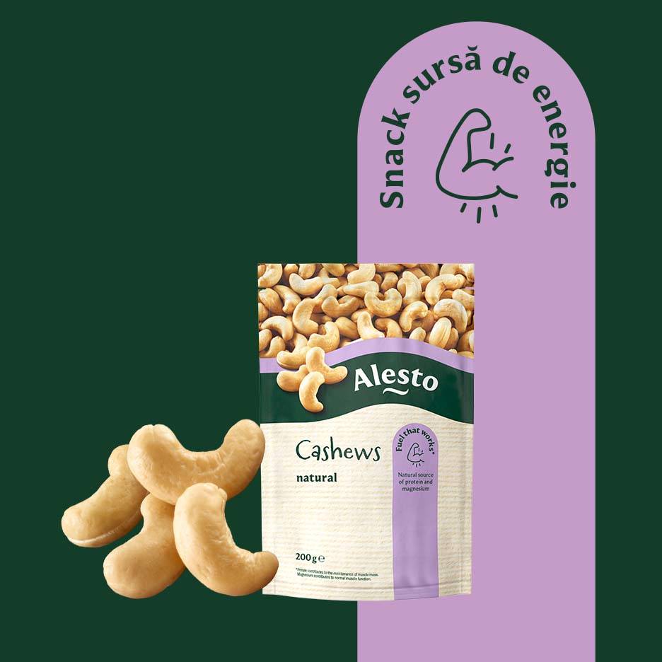 Pachet de caju natural, 200g, cu mesajul „Snack, sursă de energie” și o ilustrație de mușchi.
