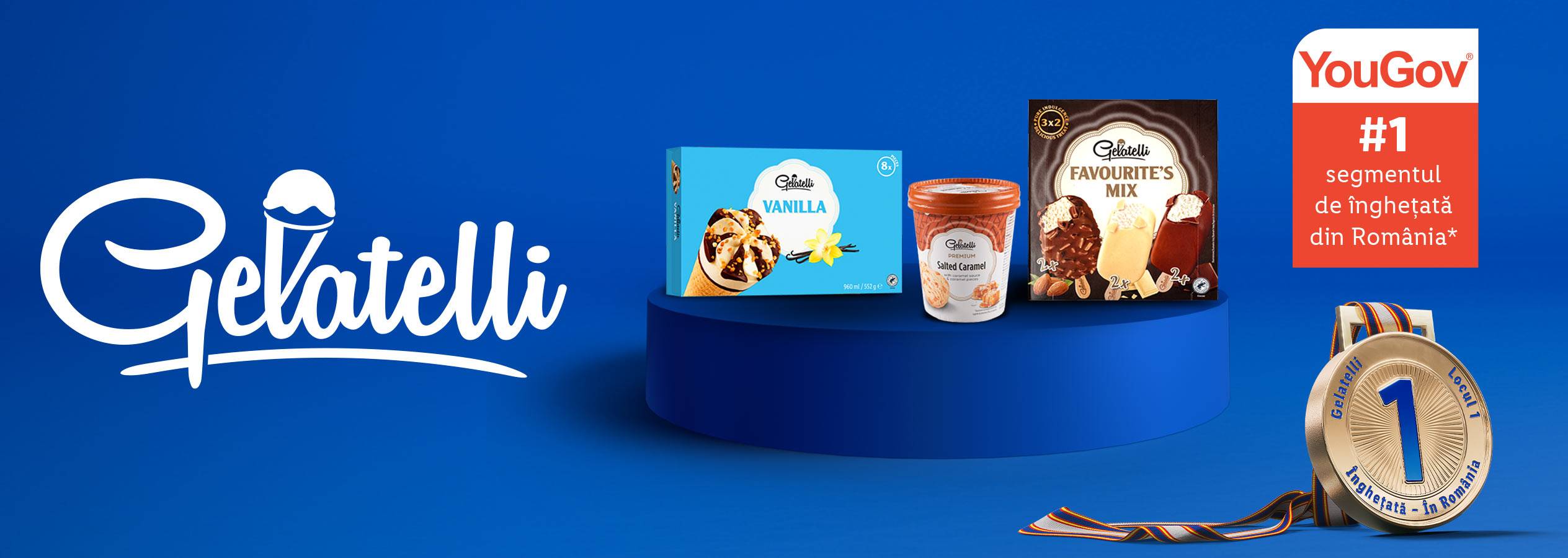 Gelatelli, înghețată premiată: cupe, cornete și mix de sortimente, desemnată #1 în România de YouGov.