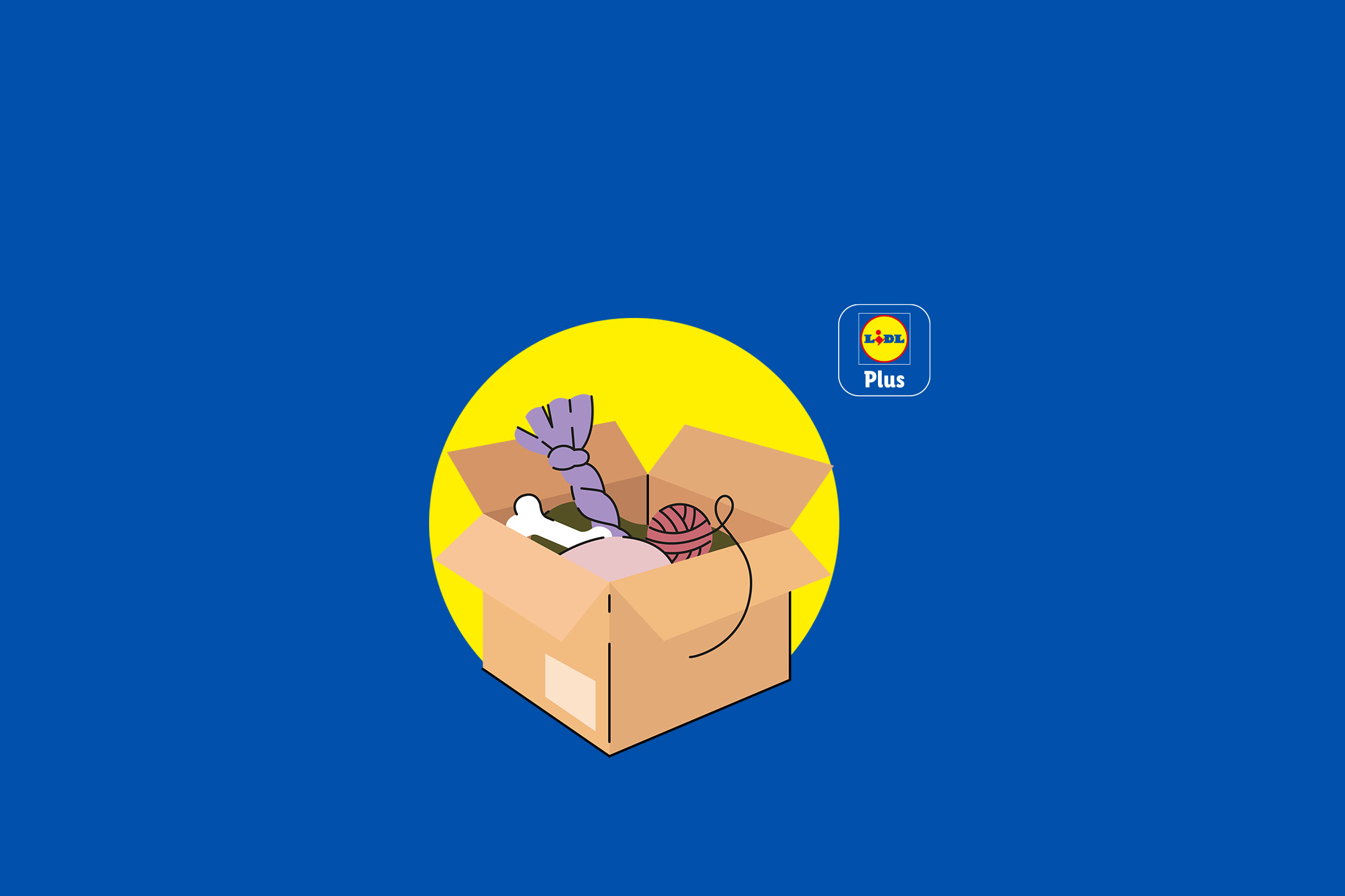 Cutie de carton plină cu accesorii pentru animale de companie, cum ar fi un os, o jucărie din sfoară și ață, pe un fundal albastru.