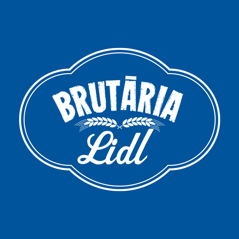 Logo brutărie cu spice de grâu și textul 'Brutăria' și 'Lidl' pe fundal albastru.