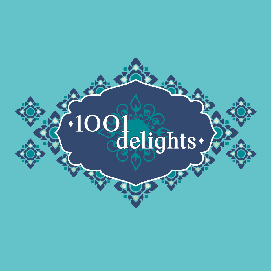 Un logo cu textul '1001 delights' pe un fundal turcoaz cu motive florale.