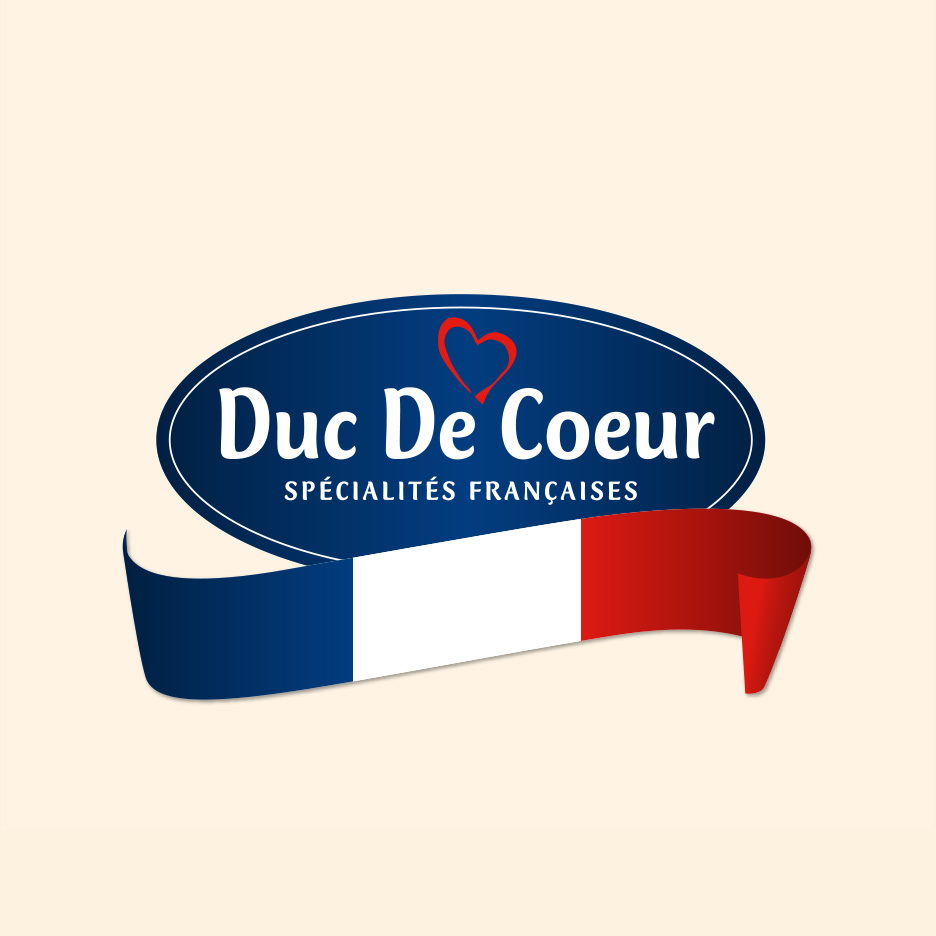 Logo cu textul 'Duc De Coeur, Specialități Franceze' și o panglică în culorile drapelului francez.