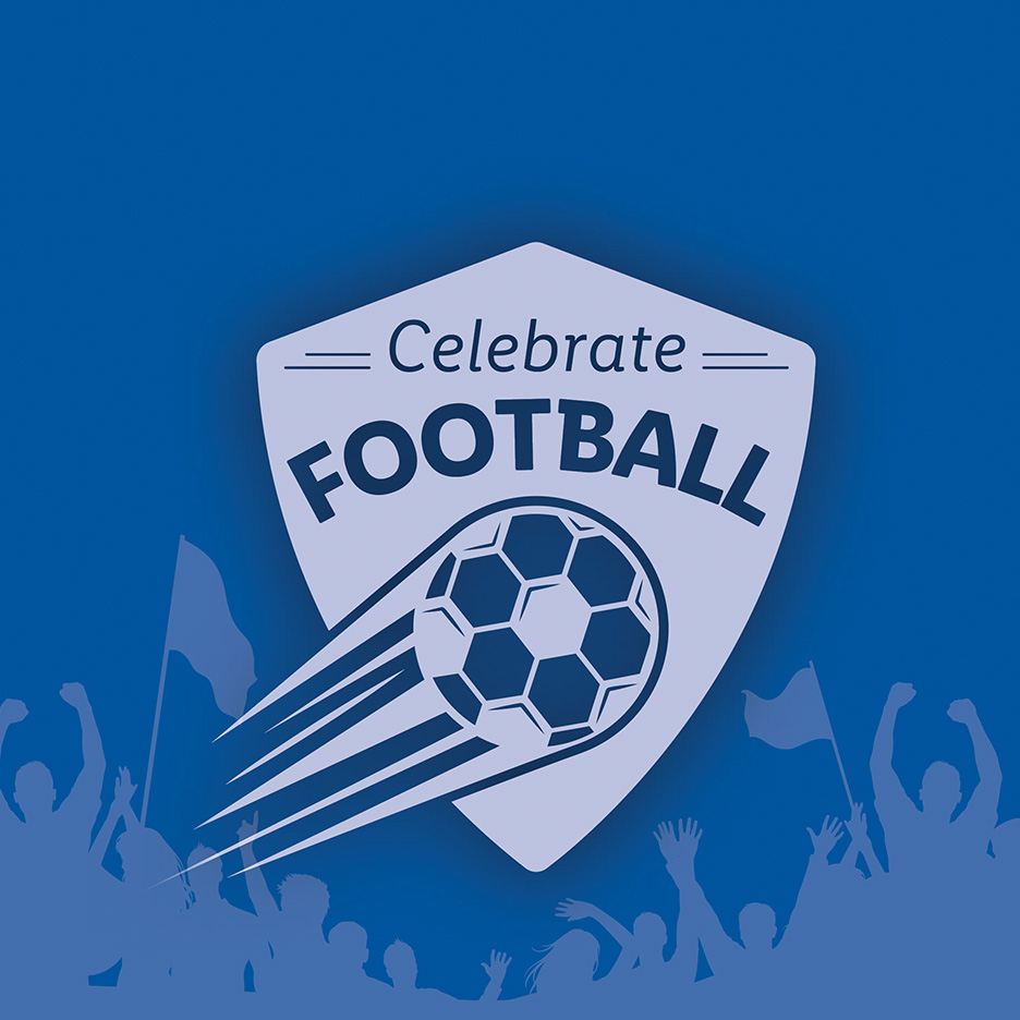 Siglă cu textul 'Celebrate FOOTBALL' și o minge de fotbal în mișcare, cu siluete de fani.