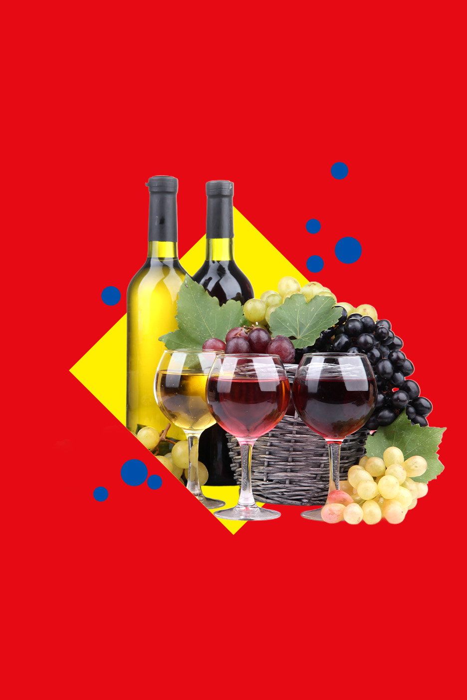 Sticle de vin, pahare cu vin și struguri asortați într-un coș, pe un fundal roșu și galben.