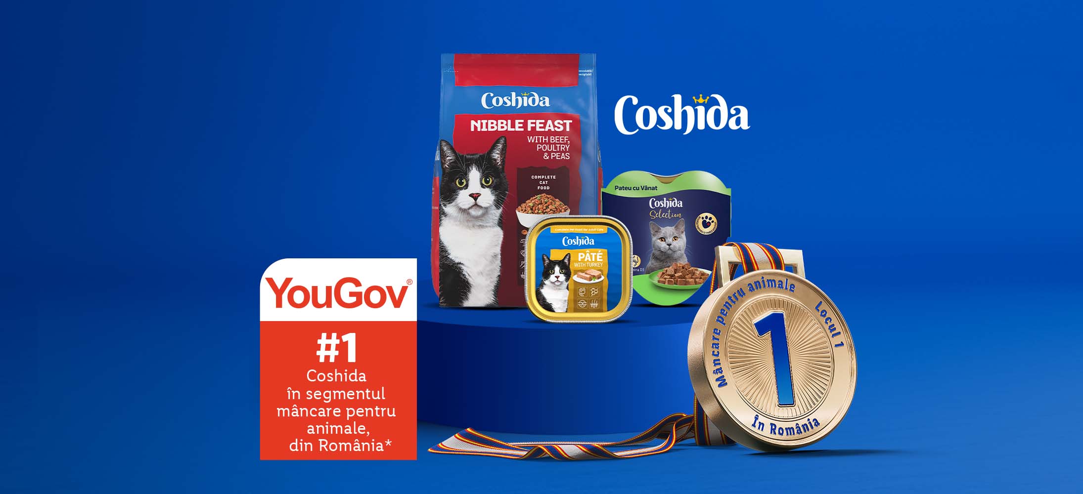 Produse Coshida pentru pisici (hrană uscată și pateu) premiate ca nr. 1 în România de YouGov.