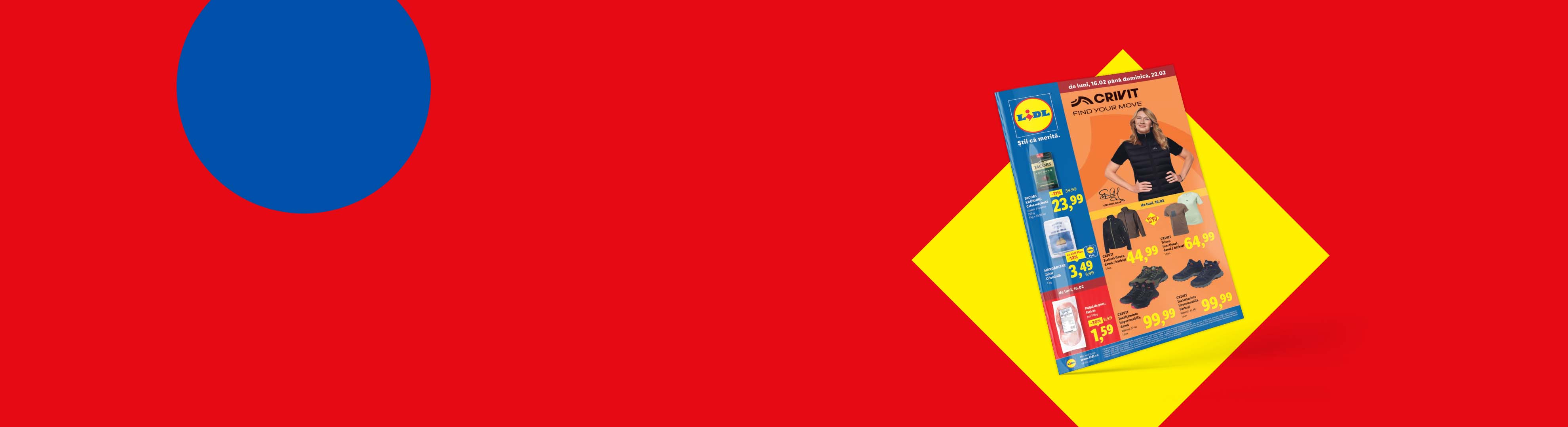 Catalog cu îmbrăcăminte sportivă, încălțăminte și produse alimentare, pe un fundal roșu și galben.