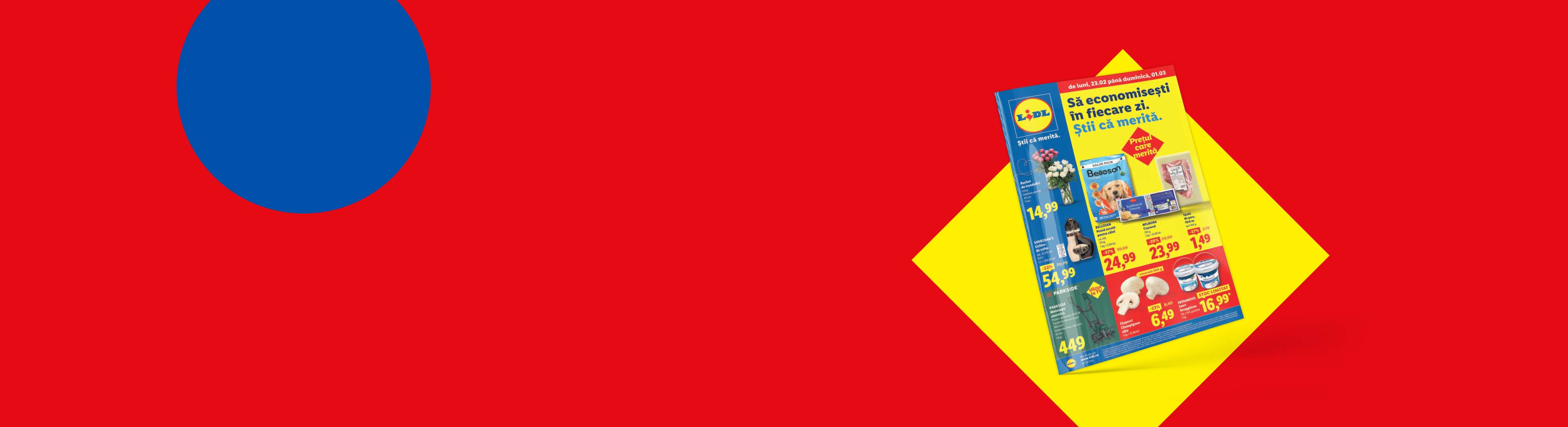 Pliant promoțional cu oferte la produse alimentare, flori și unelte, pe un fundal roșu cu elemente albastre și galbene.