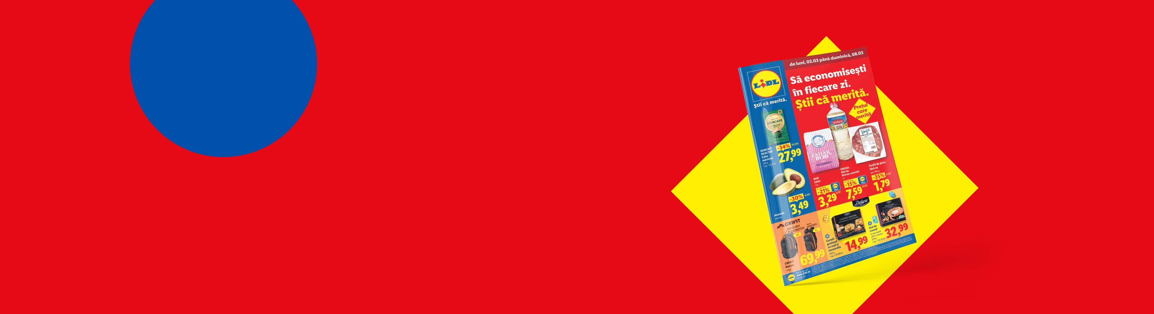 Catalog cu oferte la alimente și produse de uz casnic, pe fundal roșu cu un cerc albastru.