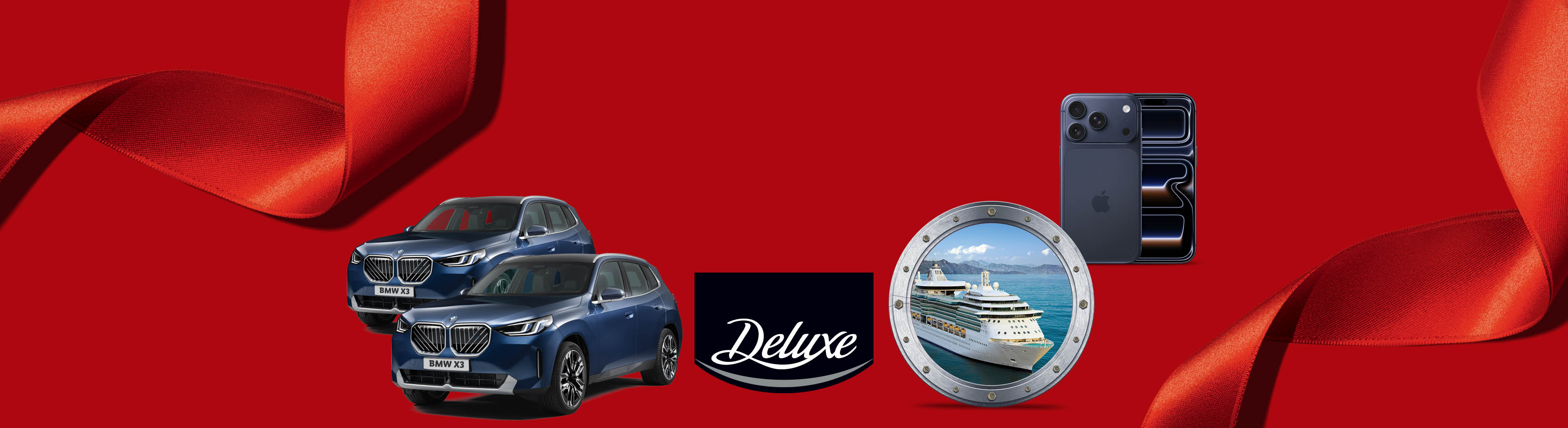 Două mașini BMW X3, un iPhone, o croazieră și logo-ul Deluxe pe fundal roșu cu panglici.