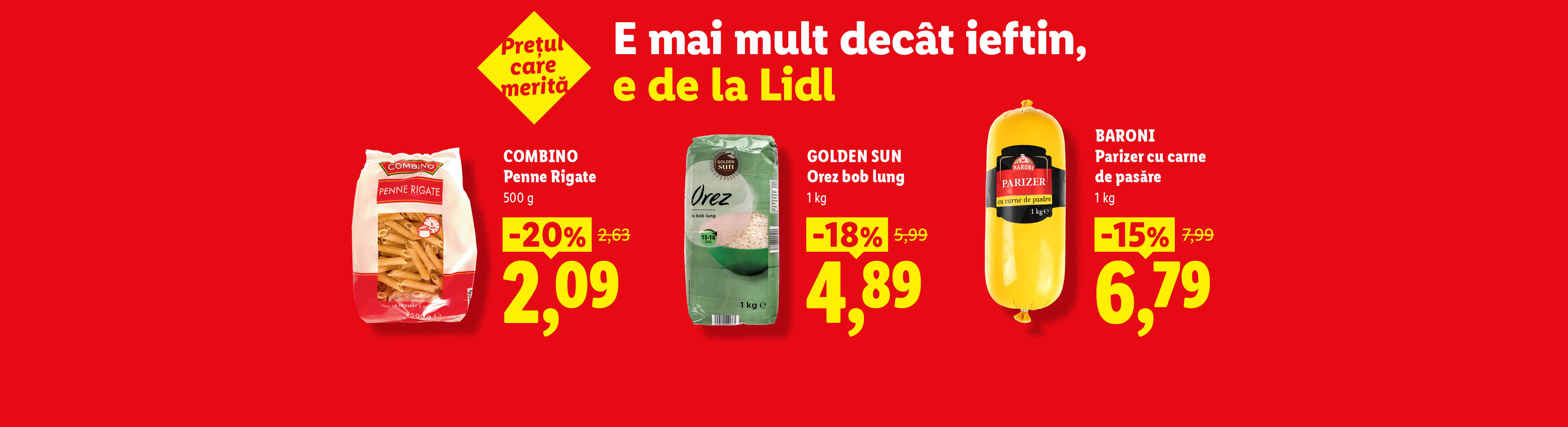 O reclamă Lidl cu paste, orez și parizer, cu reduceri de preț.