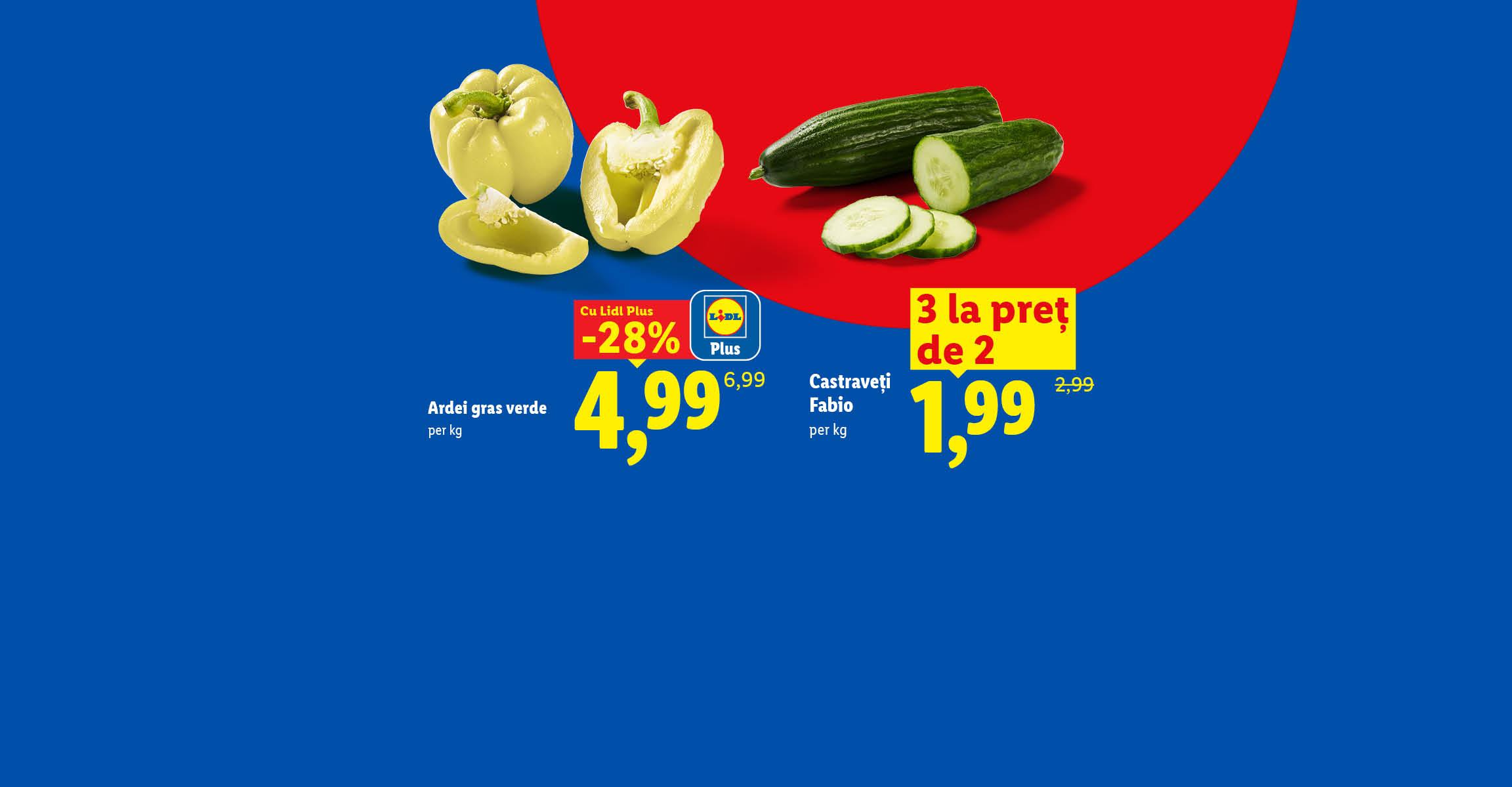 Ardei gras verde la 4,99 lei/kg cu Lidl Plus și castraveți Fabio la 1,99 lei/kg cu oferta 3 la preț de 2.