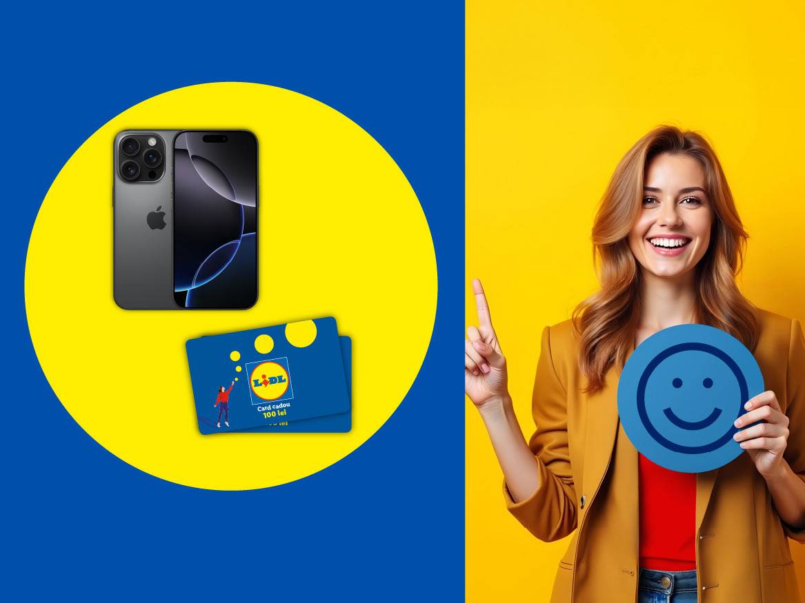 Femeie zâmbitoare cu iPhone și carduri cadou Lidl, pe fundal galben și albastru.
