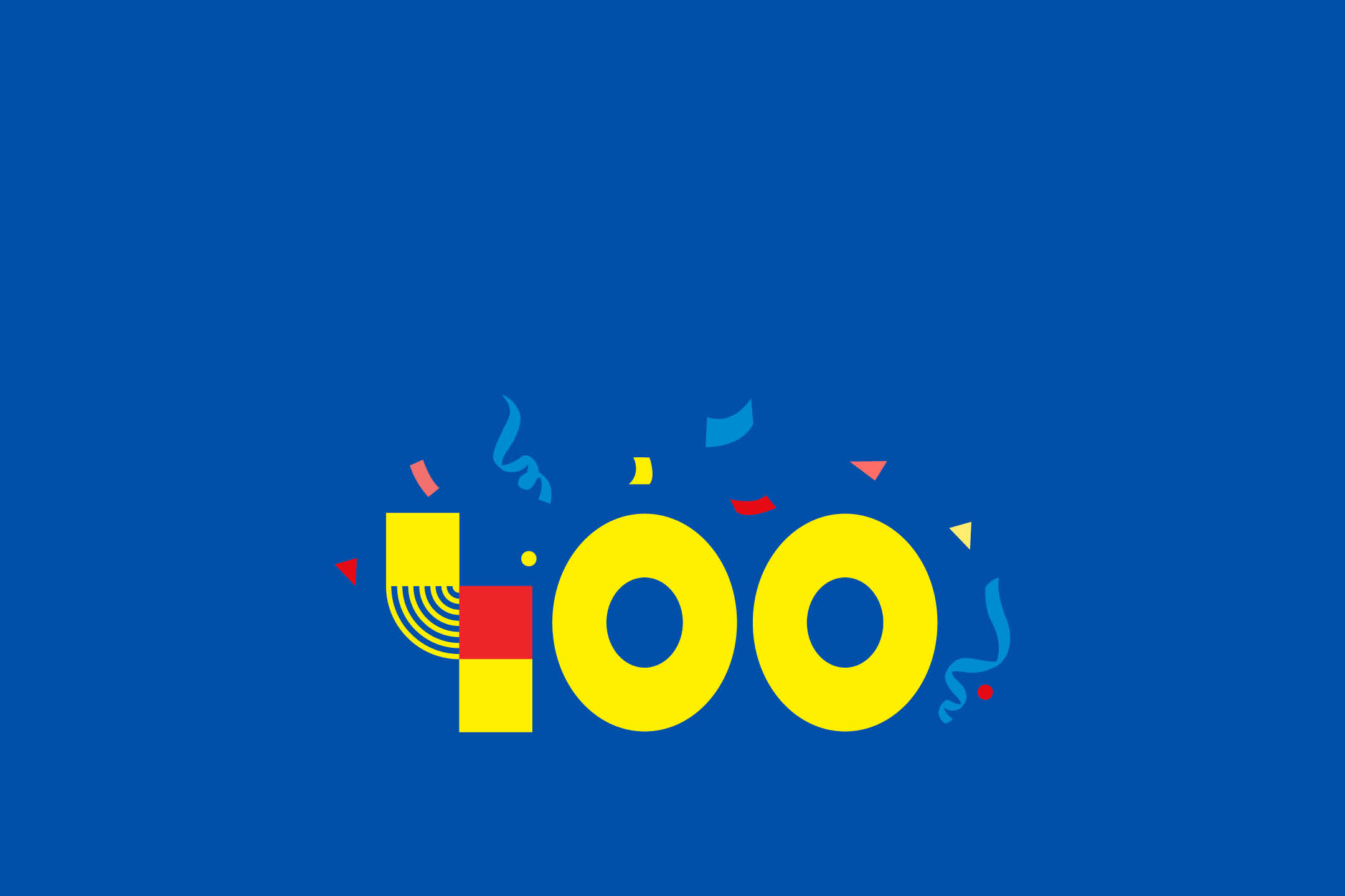 Numărul 400 în galben, cu confetti colorate, pe un fundal albastru.