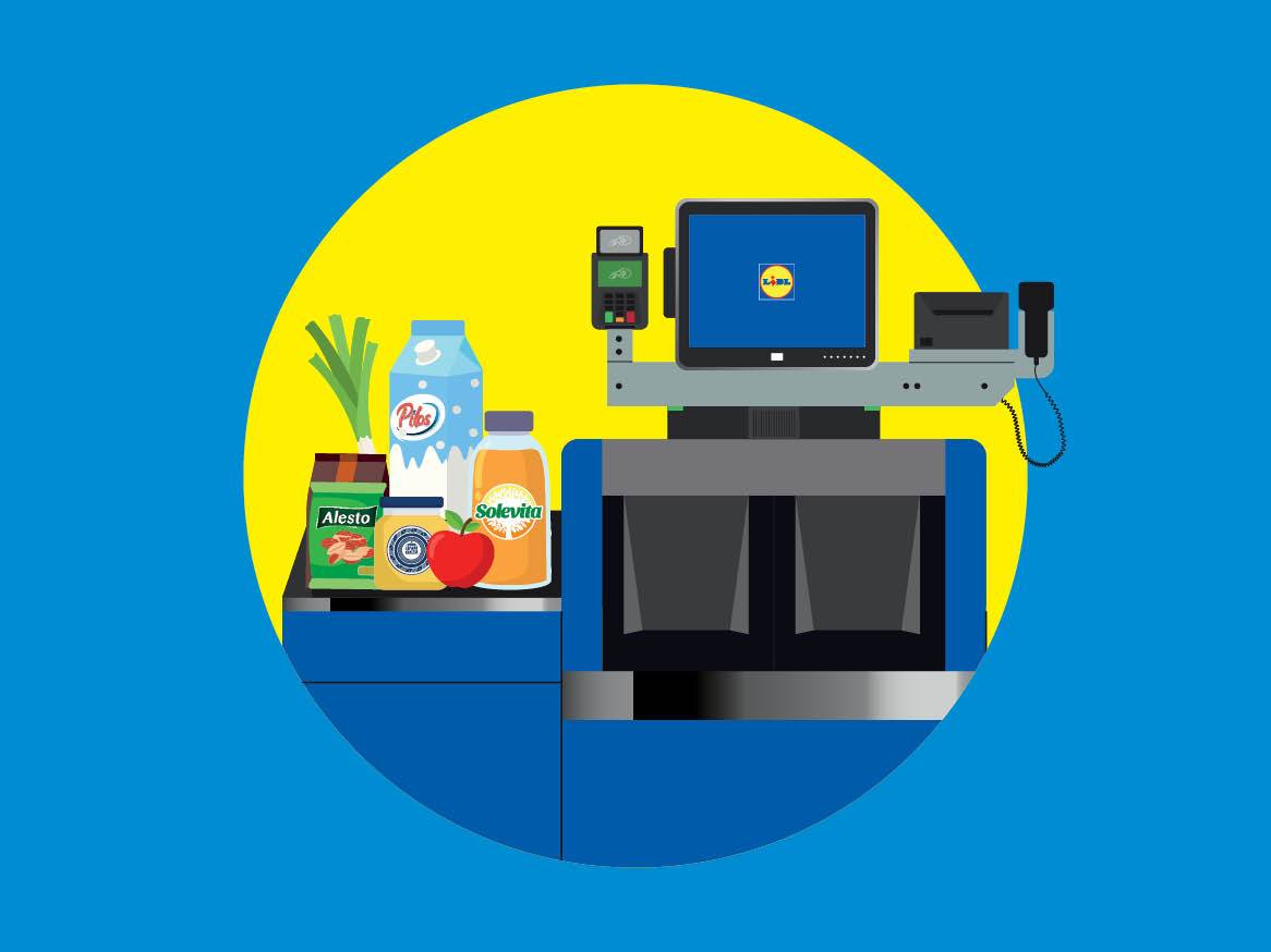 Produse alimentare Lidl, inclusiv lapte Pilos, suc Solevita și Alesto, la o casă de marcat.