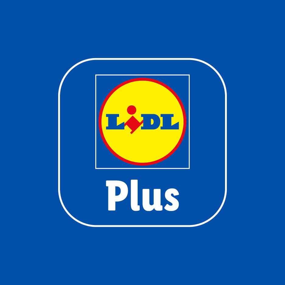 Logo-ul Lidl Plus pe un fundal albastru, cu sigla Lidl și textul 'Plus' dedesubt.