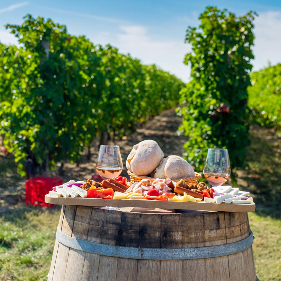Platou cu brânzeturi, mezeluri și pâine pe un butoi, cu două pahare de vin rosé, într-o vie.