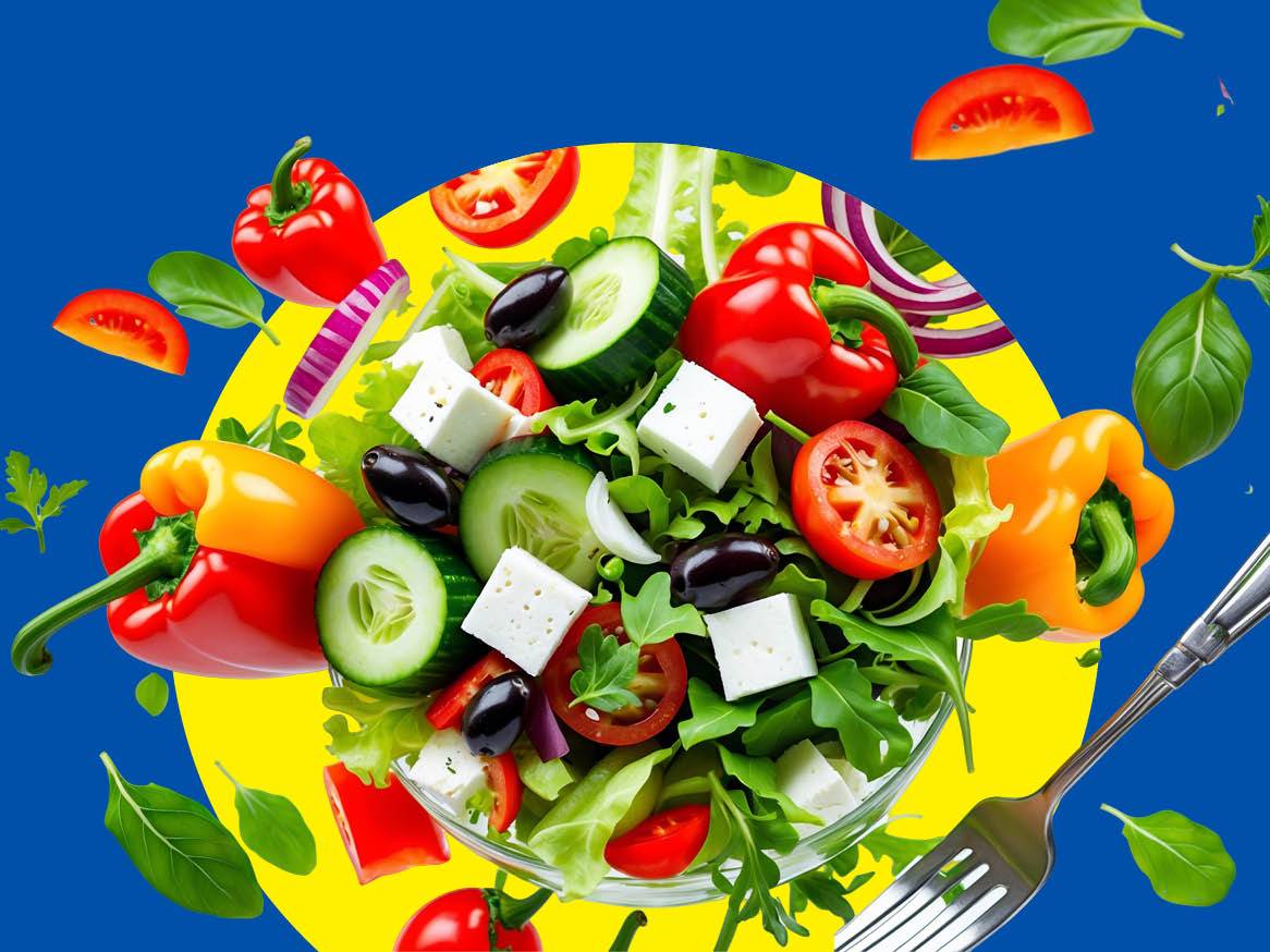 Salată grecească cu ardei, măsline, brânză feta și roșii, pe fundal albastru și galben.