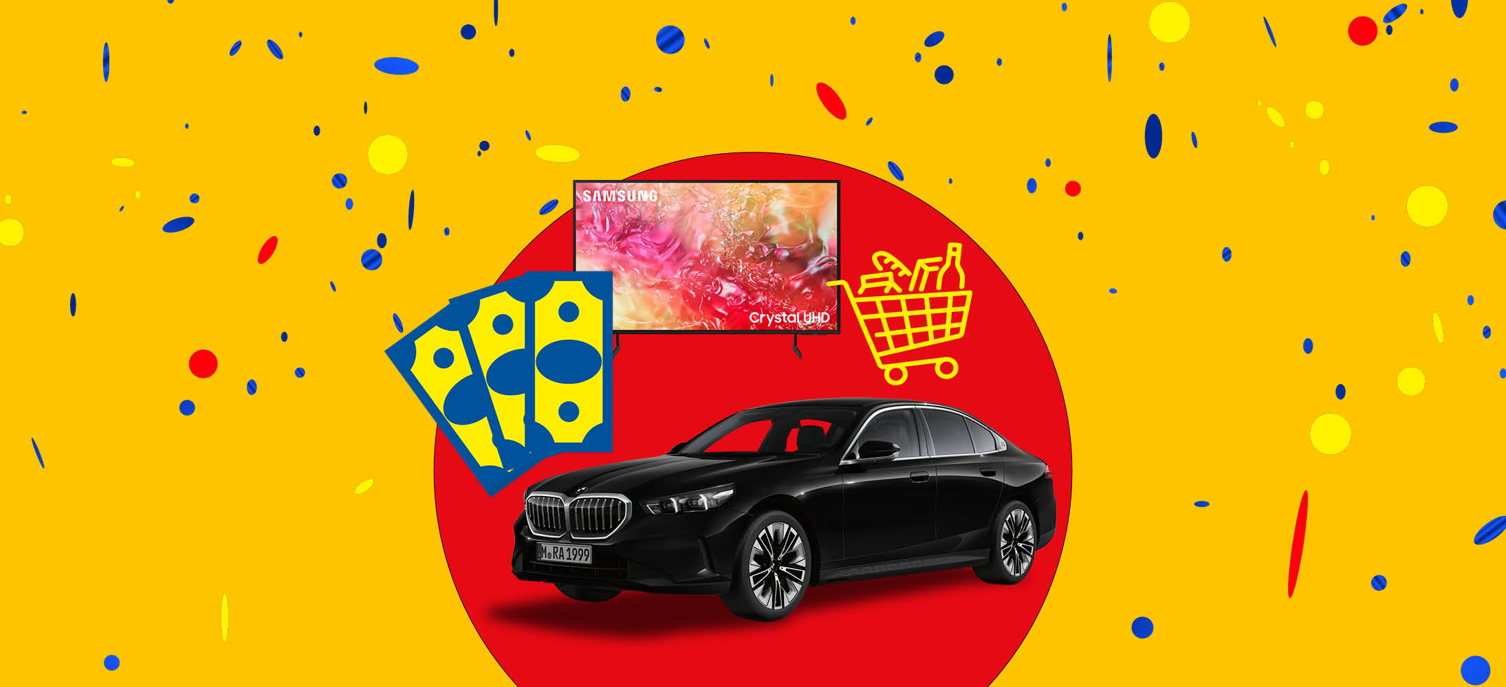 O mașină neagră, un televizor Samsung, bancnote și un coș de cumpărături pe un fundal roșu și galben.