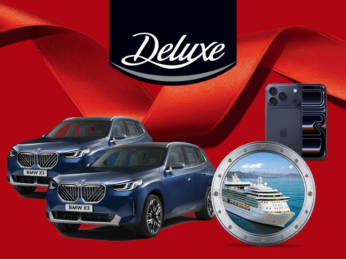 Două mașini BMW X3, un iPhone și o croazieră, pe un fundal roșu cu panglică și logo-ul „Deluxe”.