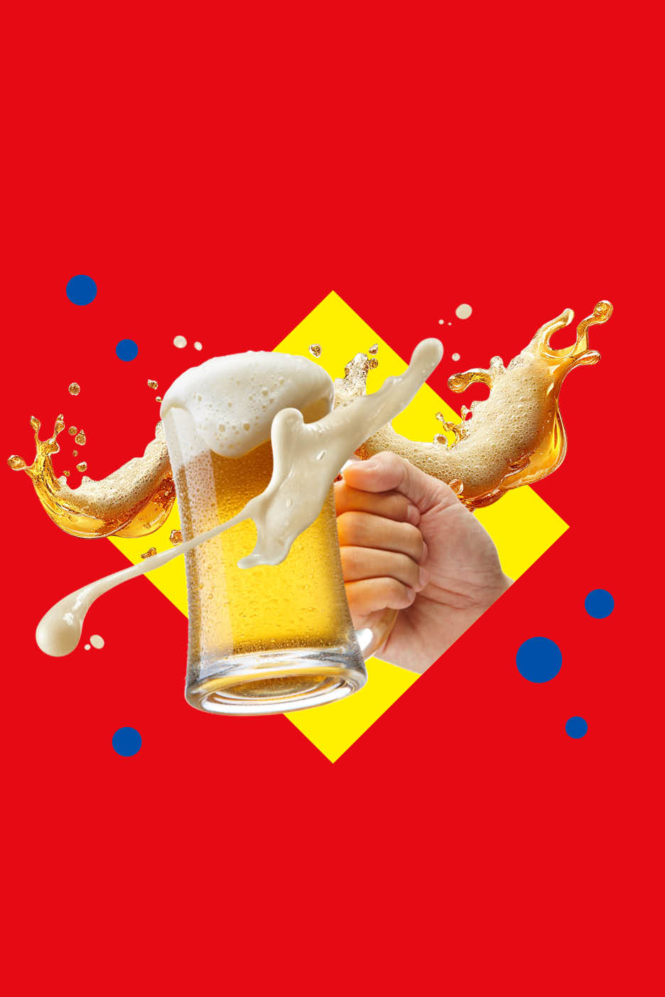 O mână ține o halbă de bere cu spumă, pe un fundal roșu și galben.