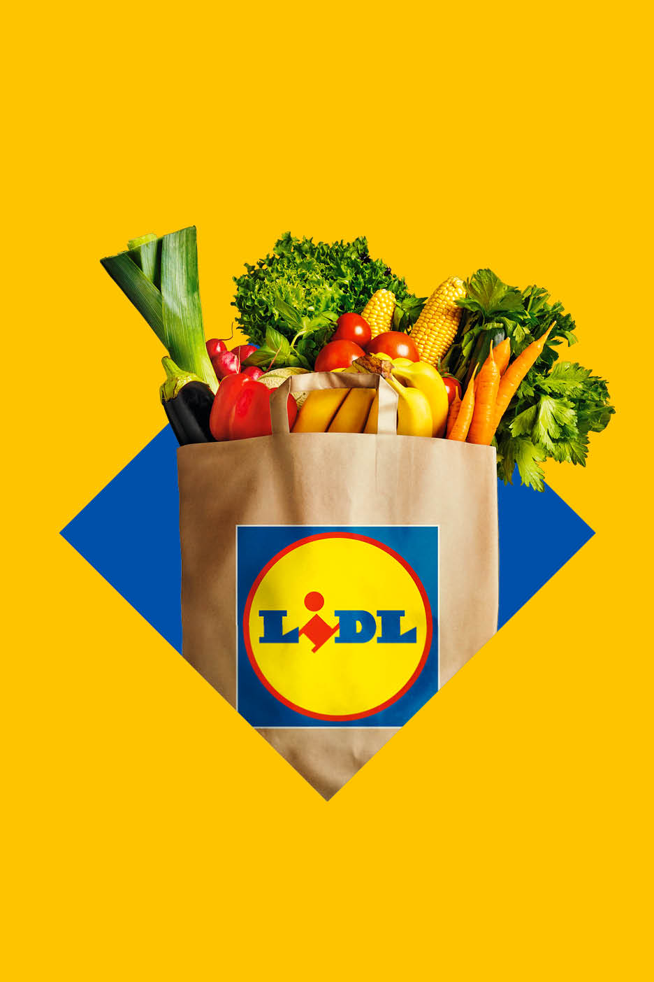 O pungă de cumpărături Lidl plină cu legume și fructe proaspete, pe un fundal galben și albastru.